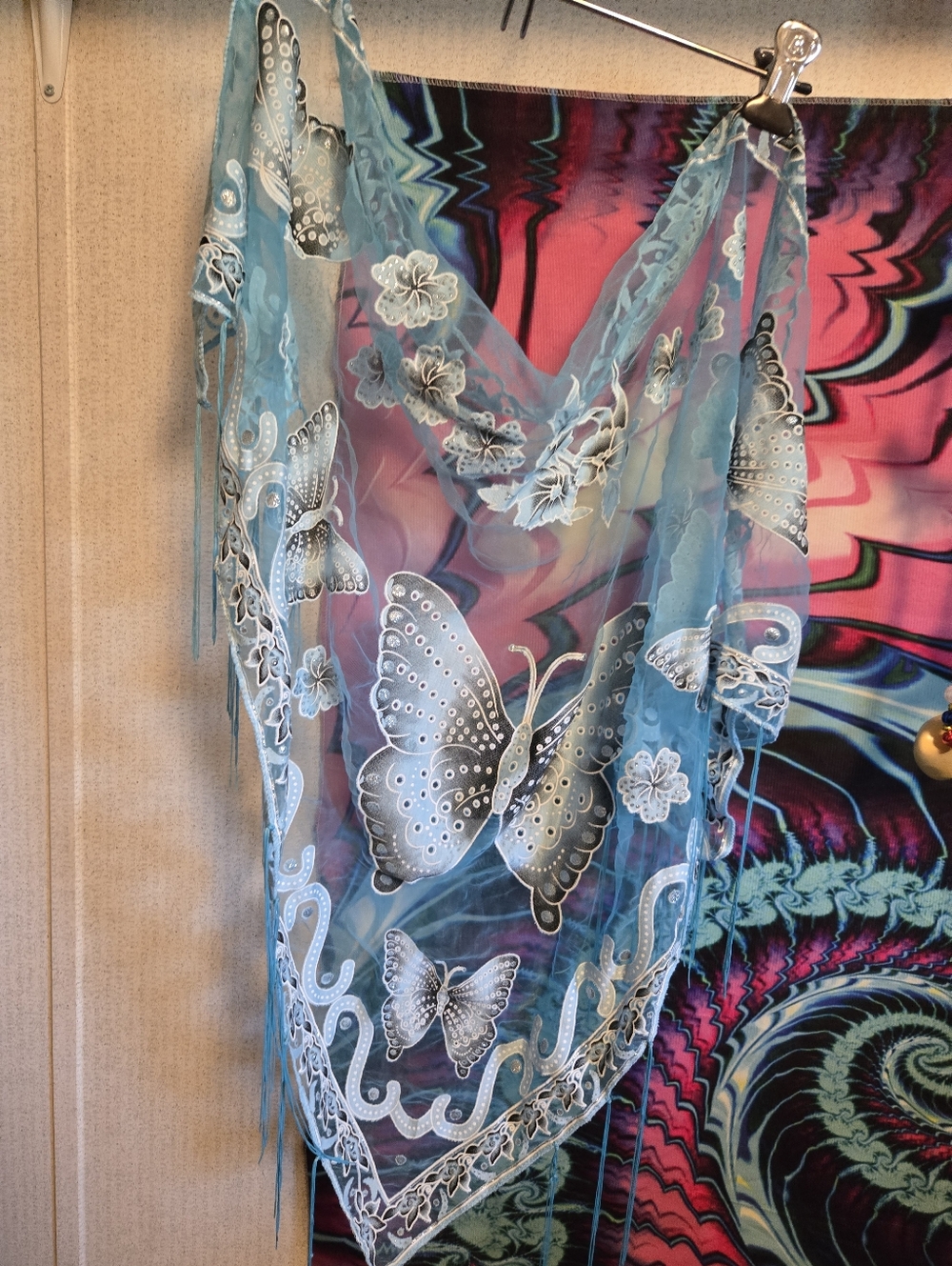 Sheer Blue Butterfly Scarf with White Embroidery